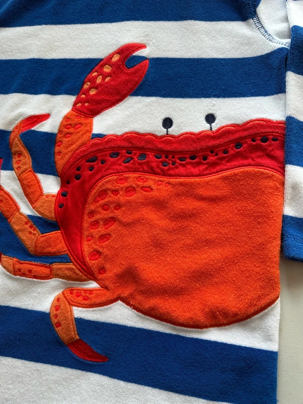 Mini Boden Kids 8-9 Blue White Stripe Hooded Terry Beach Cover Up Crab appliqué